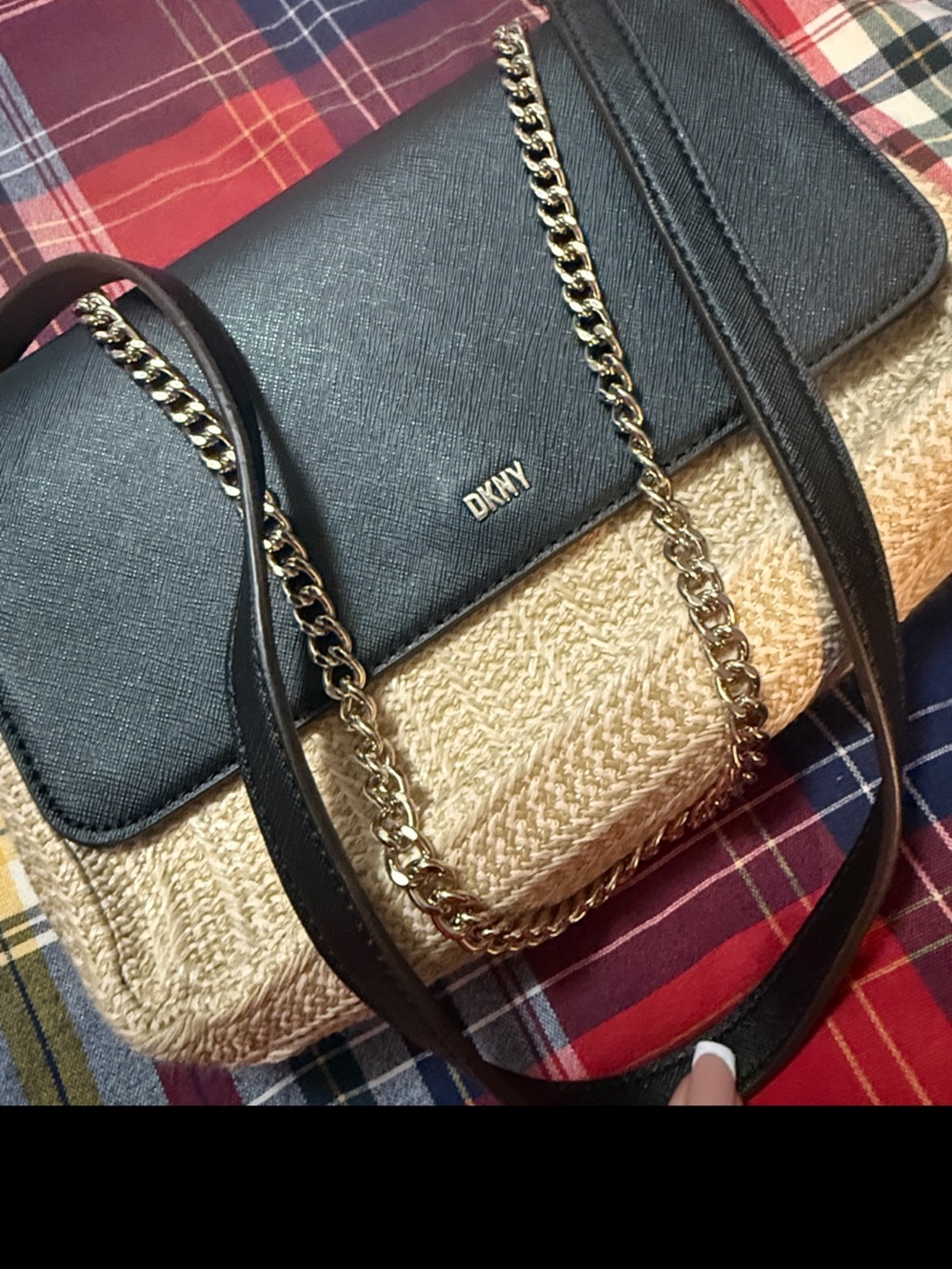 DKNY Black and Cream Chain-Trim Crossbody Bag